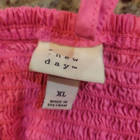 A New Day Women's Hot Pink Cotton Puff Sleeves Baby Doll Tiered Dress w Pockets - Picture 14 of 16